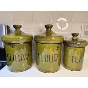 VTG Lot MCM Holiday Design Avocado Green Ceramic Canister Set Mushroom Lids Tops